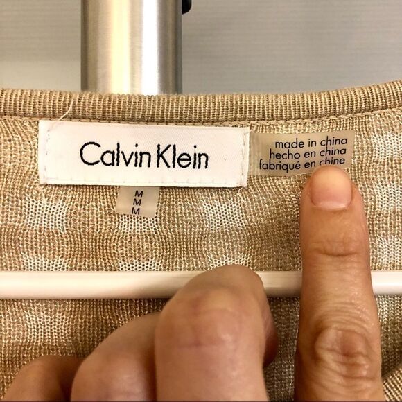 Sz M Calvin Klein Gingham 3/4 Bell Flare Sleeve Crewneck Sweater Tan White Women - Picture 6 of 7